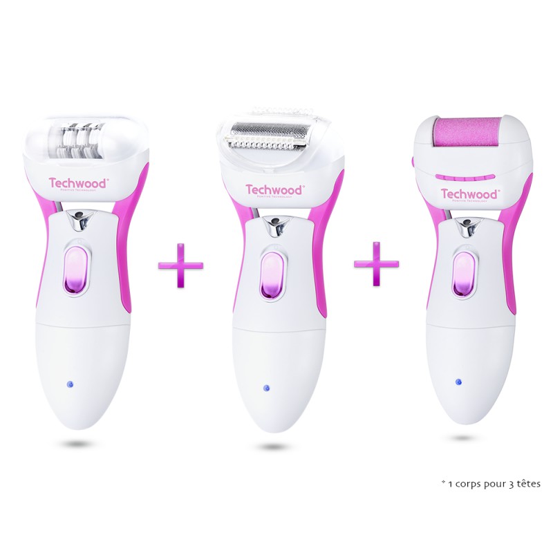 TECHWOOD Epilateur + Rasoir + Rape Anti calosité Rose