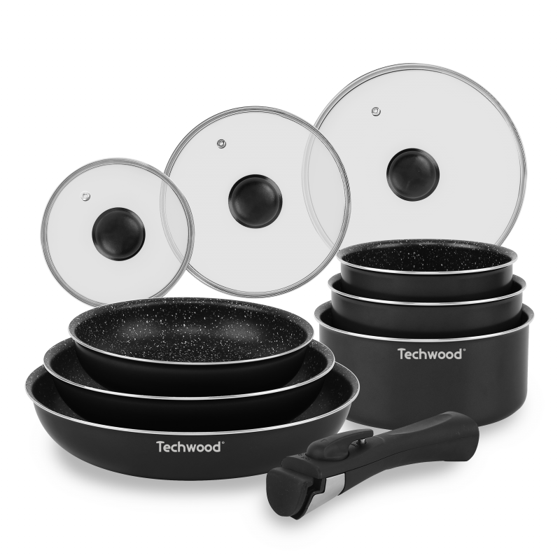 TECHWOOD Set 3 Casseroles noir 16/18/20 Cm et 3 poêles 20/24/28 CM poigné amovib