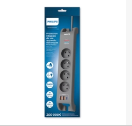 Philips - Réf:SPN4140GA/19 - Multiprise parasurtenseur, 4 prises+Type-C+2xUSB-A-2m Gris