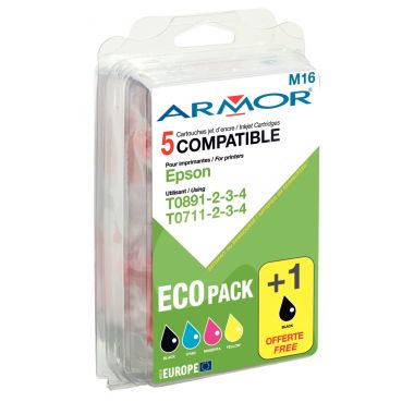 Pack de 5 cartouches encre compatible à la marque Epson T0711 noir cyan magenta et jaune + 1 noir offert