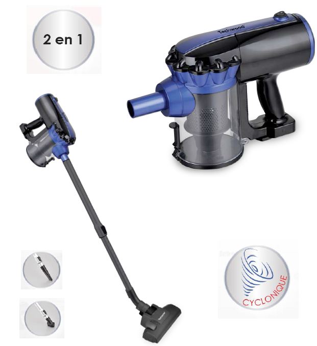 Techwood TAS-658 aspirateur balai et balai électrique Aspirateur-balai 2 en 1 Sec HEPA Sans sac 600 W Noir, Bleu