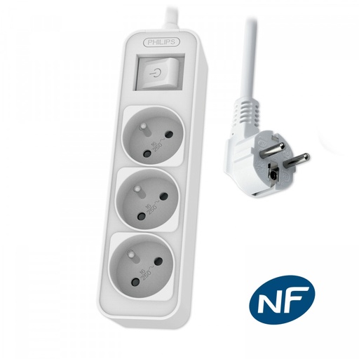 [PRISCHP2134W/19] PHILIPS Rallonge multiprise avec interrupteur - 3 prises - 1,5m 
