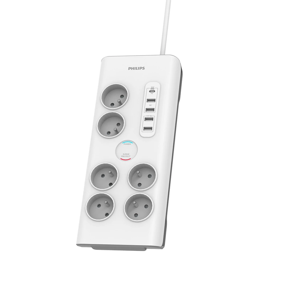 [PRISSPN7063WA/19] PHILIPS Multiprise parasurtenseur - 6 prises+Type-C+4xUSB-A - 2m
