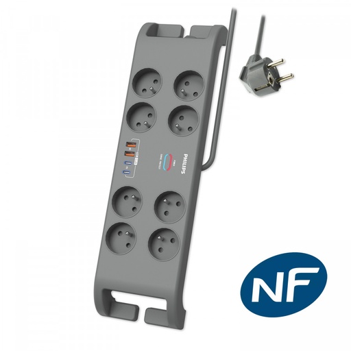 [PRISSPN9180GA/19] PHILIPS Multiprise parasurtenseur - 8 prises+2xType-C+2xUSB-A-2m 