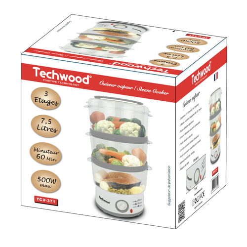 [ROBTCV371TECH] Techwood TCV-371 cuiseur vapeur 3 Nombre de paniers Comptoir 500 W Transparent, Blanc