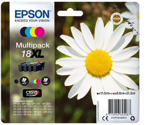 [225230] Epson PAQUERETTE / 18XL pack de de 4 cartouches jet d'encre noire, cyan, magenta et jaune haute capacité authentique (T181640)