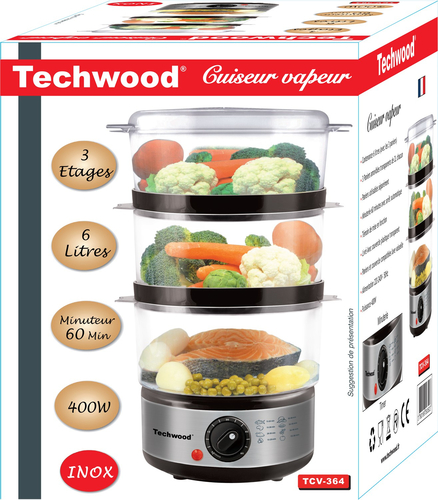 [ROBTCV364TECH] Techwood TCV-364 cuiseur vapeur 3 Nombre de paniers Comptoir 400 W Noir, Acier inoxydable